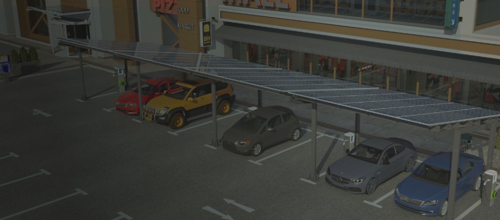 Solar carport mounting system installed across a retail parking area
